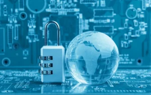 Shields and padlock symbols with data nodes illustrating GDPR privacy and digital compliance.