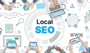 Digital devices and icons surrounding the phrase Local SEO, symbolising geo-targeted search and business visibility.