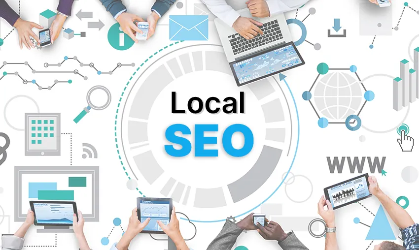 Digital devices and icons surrounding the phrase Local SEO, symbolising geo-targeted search and business visibility.