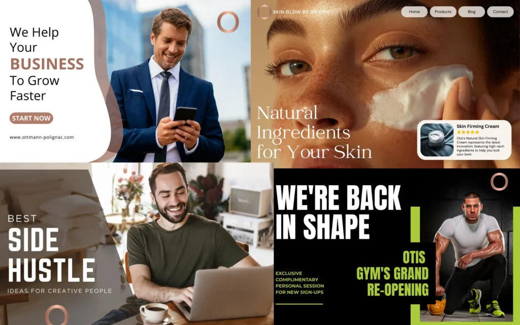Collage of four promotional banner designs including business growth, skincare, side hustle and gym reopening concepts.