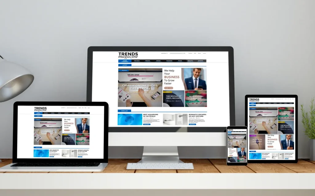 Responsive website displayed across desktop, laptop, tablet and smartphone screens, showcasing modern design.