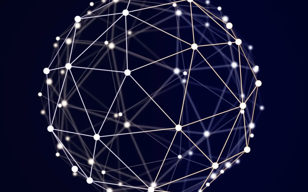 Digital globe made of glowing interconnected nodes and lines on dark background, symbolising data tracking