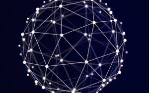 Digital globe made of glowing interconnected nodes and lines on dark background, symbolising data tracking