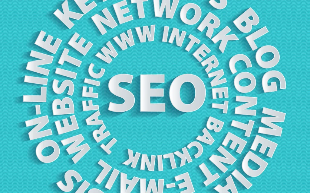 “SEO spiral graphic with related terms such as website, content, blog, traffic, keywords and backlinks on turquoise background.