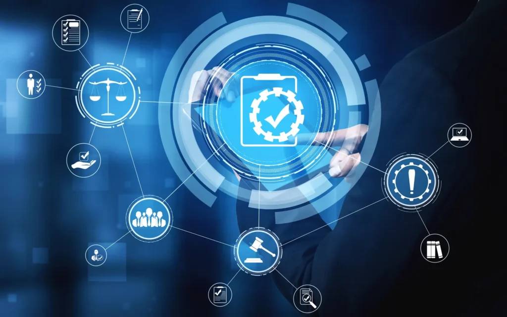 Business professional interacting with a digital interface displaying check-lists, analytical icons and automated diagnostics—representing a website health check.