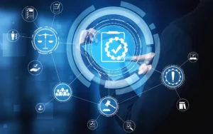 Business professional interacting with a digital interface displaying check-lists, analytical icons and automated diagnostics—representing a website health check.