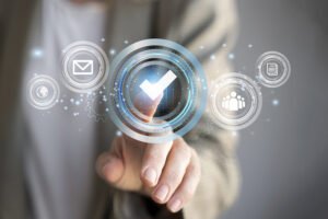 Fingertip selecting a digital check-mark icon on translucent digital interface.