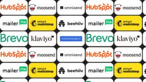 Grid of email marketing platform logos including HubSpot, Mailchimp, Moosend, Omnisend, Beehiiv, MailerLite, Brevo, Klaviyo and ActiveCampaign