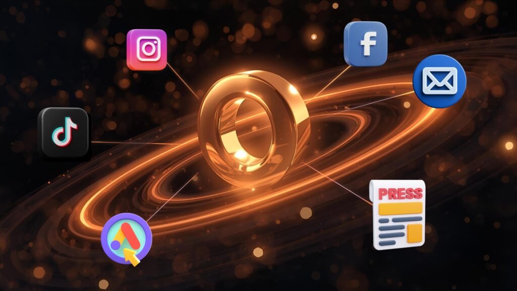 Golden O at centre with orbiting icons for TikTok, Instagram, Facebook, Google Ads, email and press, symbolising multi-channel lead generation.