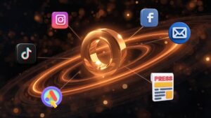 Golden O at centre with orbiting icons for TikTok, Instagram, Facebook, Google Ads, email and press, symbolising multi-channel lead generation.