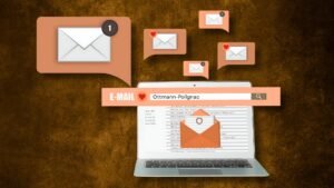 Laptop with multiple email notifications and Ottmann-Polignac search bar, symbolising strategic newsletter marketing.