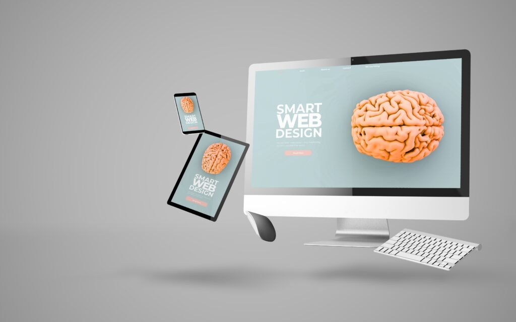 Modern web design concept with smart digital brain illustration on computer, tablet, and mobile screens.