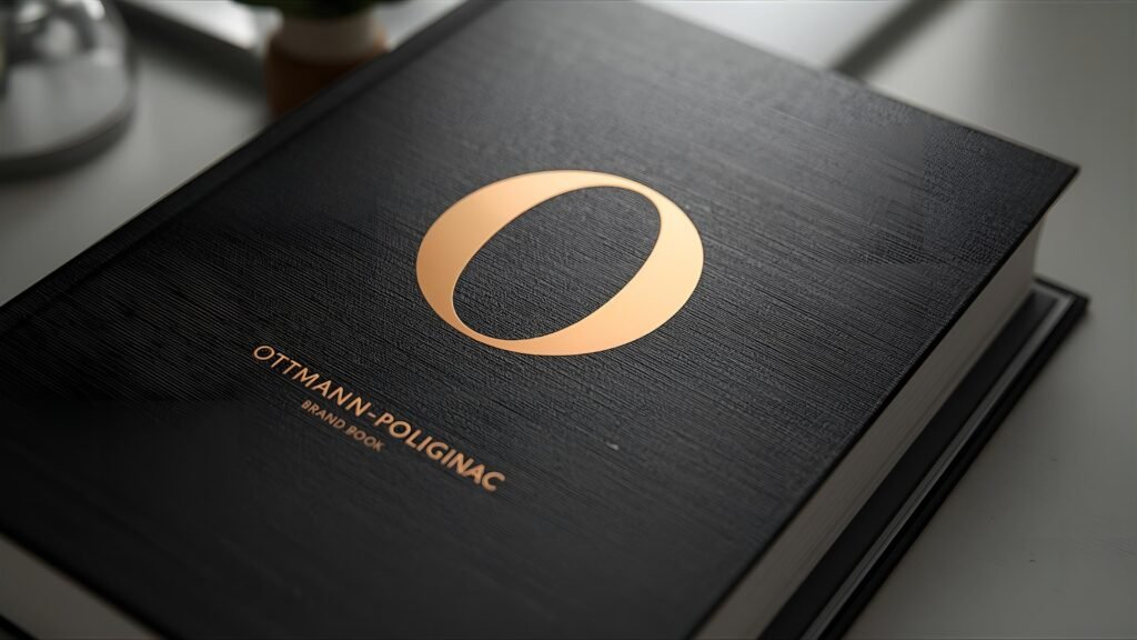 Elegant black Ottmann-Polignac brand book with embossed golden O logo on textured cover.