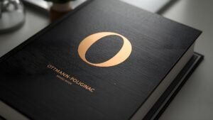 Elegant black Ottmann-Polignac brand book with embossed golden O logo on textured cover.
