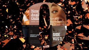 Large O filled with diverse newsletter designs including food, skincare, fitness and lifestyle campaigns, on a fragmented orange background.