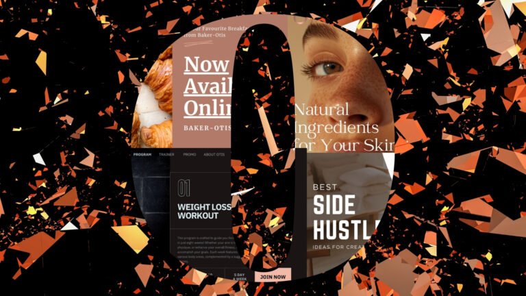 Large O filled with diverse newsletter designs including food, skincare, fitness and lifestyle campaigns, on a fragmented orange background.