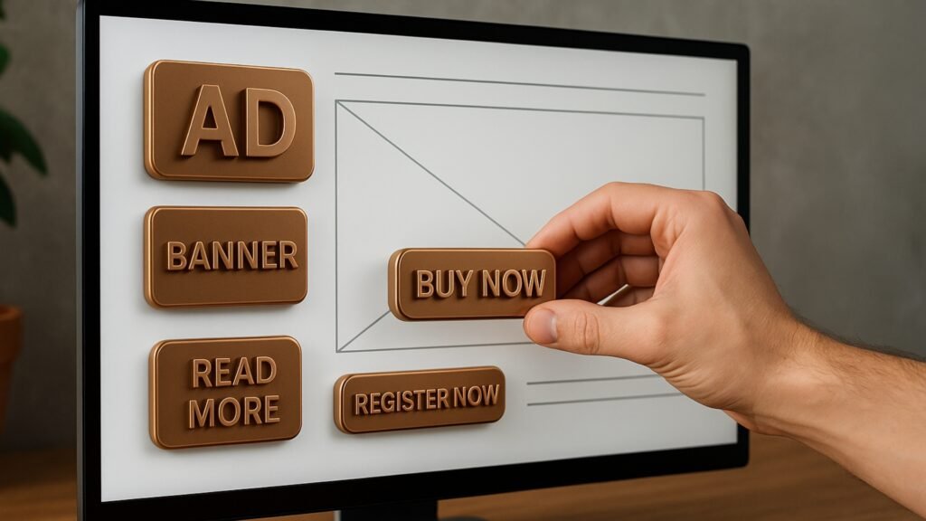 Hand placing a ‘Buy Now’ button on a digital interface alongside ‘Ad’, ‘Banner’, ‘Read More’ and ‘Register Now’ buttons, representing integrated ad formats.